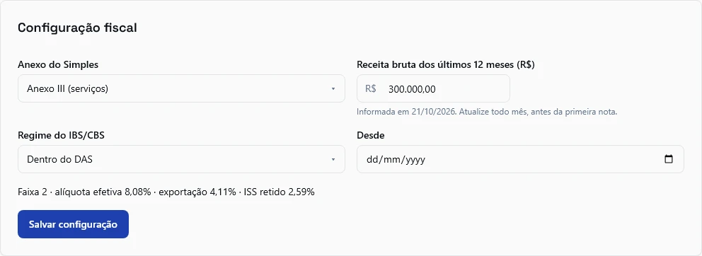 A configuração fiscal com o Anexo III, a receita de R$ 300.000,00 nos últimos 12 meses e a linha da faixa 2, com alíquota efetiva de 8,08%.