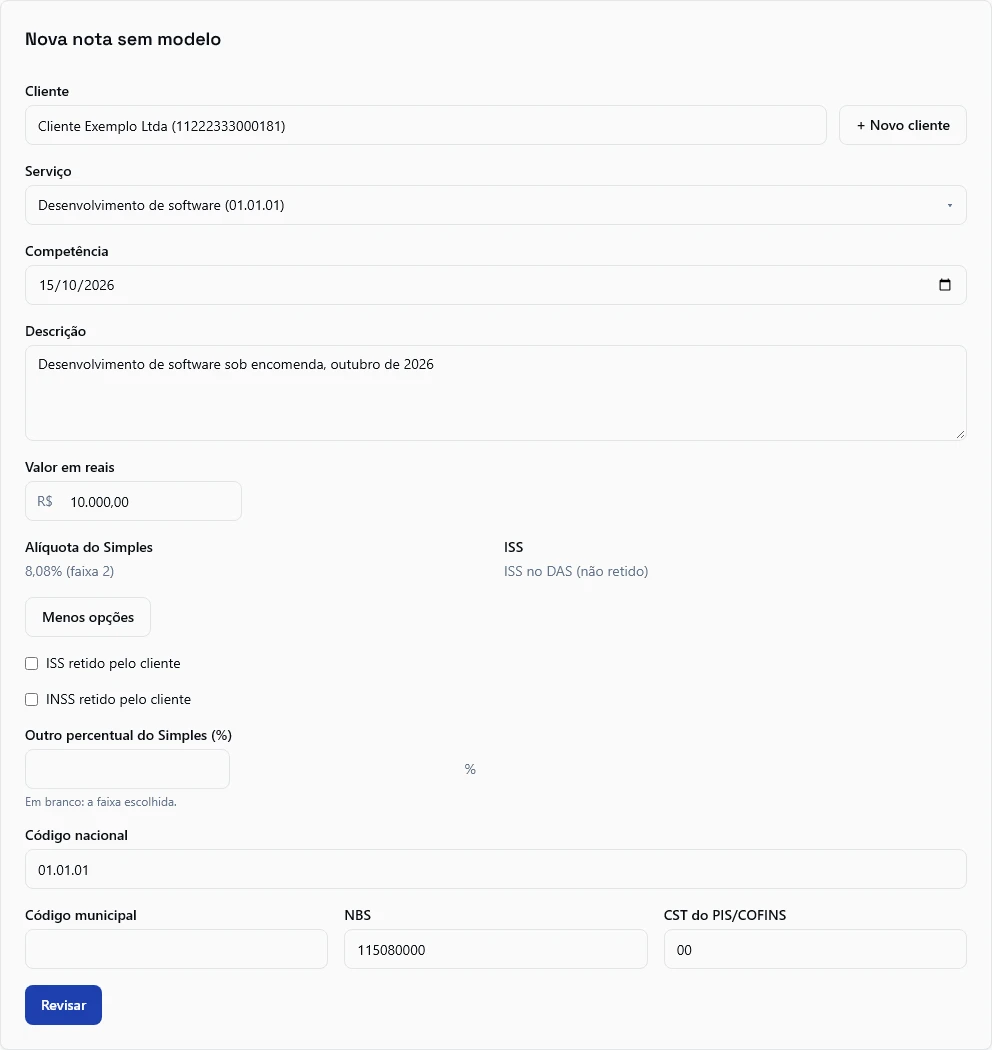 A nova nota com Mais opções aberto: ISS e INSS retidos pelo cliente, outro percentual do Simples, código nacional, código municipal, NBS e CST do PIS/COFINS.