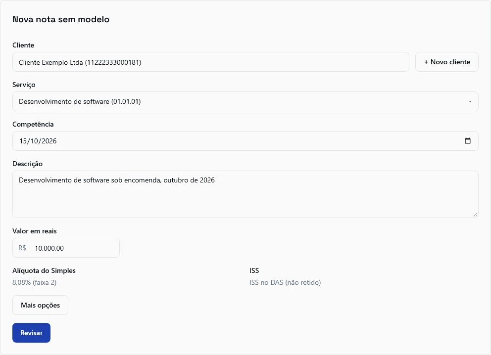 A tela Nova nota sem modelo preenchida: cliente, serviço, competência, descrição, valor de R$ 10.000,00, alíquota do Simples de 8,08% e ISS no DAS.