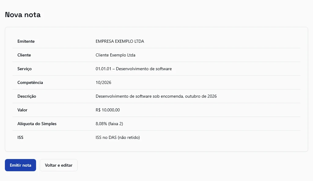 O resumo da nota antes da emissão, com os botões Emitir nota e Voltar e editar.